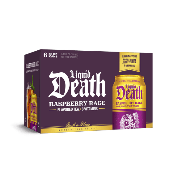 Liquid Death, Raspberry Rage Flavored Iced Tea, 6-Pack (12oz Cans), Raspberry Flavored Black Tea, Low Calorie, No Artificial Sweeteners, B12 & B6 Vitamins