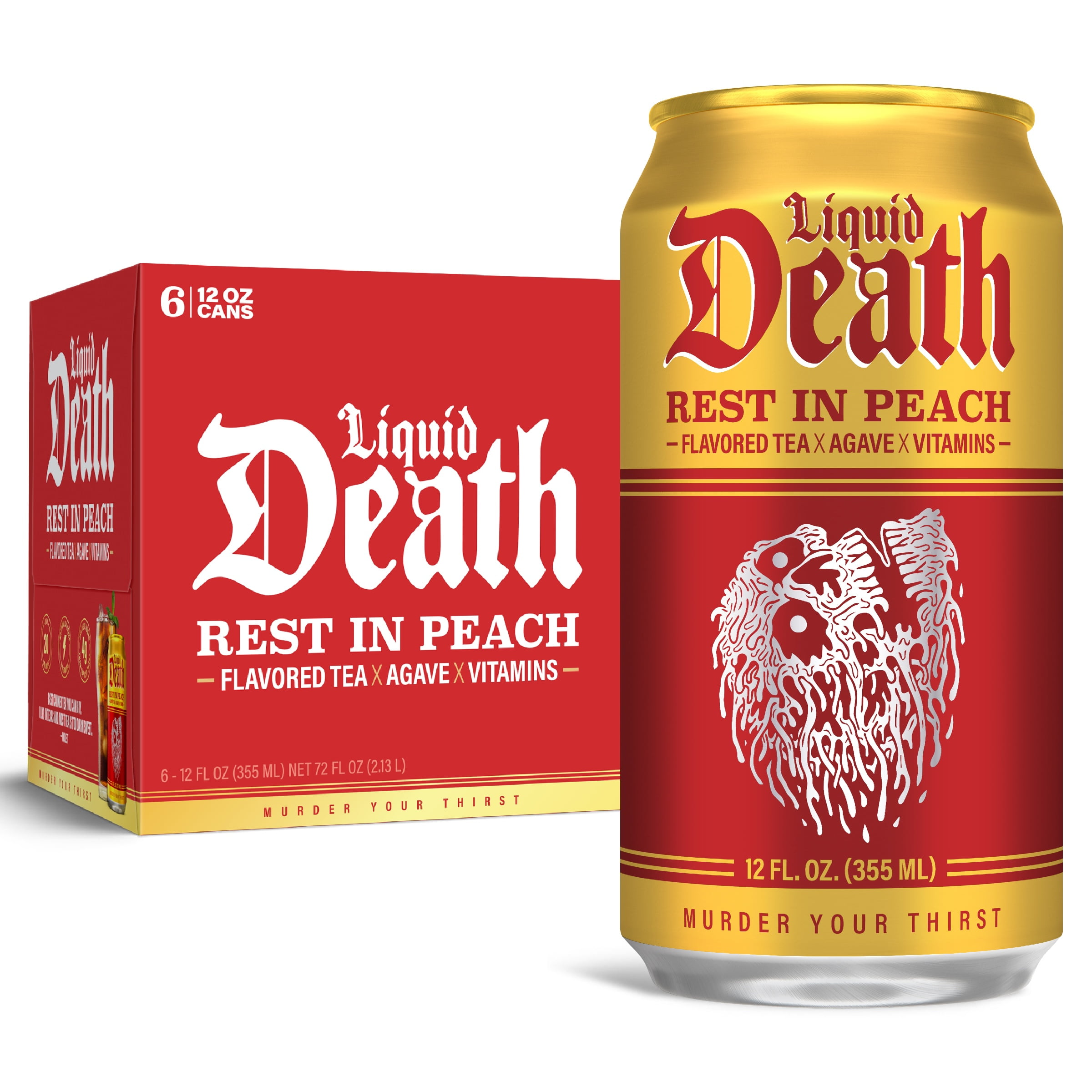 Liquid Death, Rest in Peach Iced Tea, 6-Pack (12 oz Cans), Peach Flavored Back Tea, Low Calorie, No Artificial Sweeteners, B12 & B6 Vitamins
