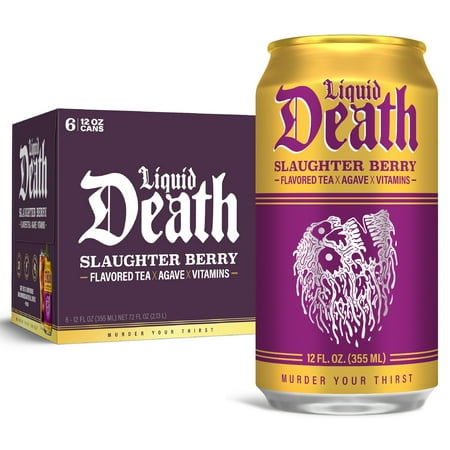 Liquid Death, Slaughter Berry Flavored Iced Tea, 6-Pack (12 fl oz Cans), Raspberry Flavored Black Tea, Low Calorie, No Artificial Sweeteners, B12 and B6 Vitamins