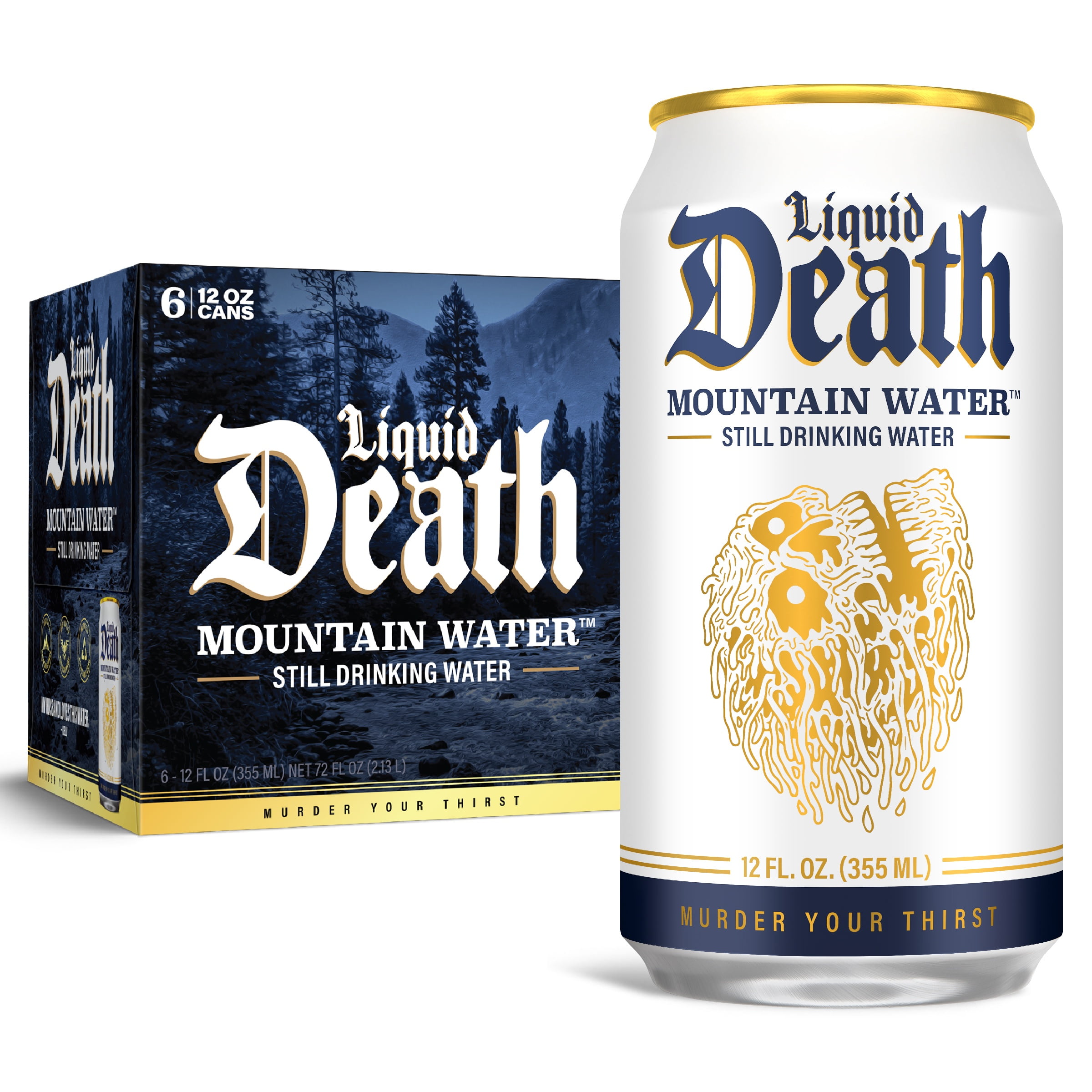 Liquid Death, Still Mountain Water, 6-Pack (12oz Cans), Real Mountain Source, Infinitely Recyclable Cans