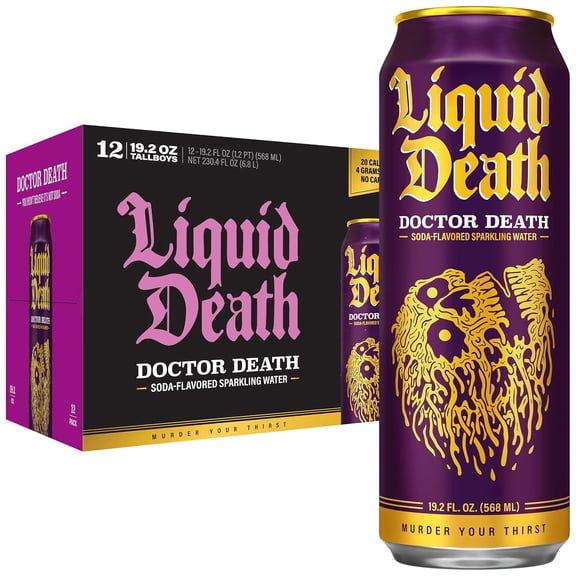 Liquid Death Soda-Flavored Sparkling Water - Doctor Death (Cherry, Cream, Spice), Less Sugar*, Huge Flavor, No Caffeine, No Artificial Sweeteners, King Size 19.2 Fl Oz (Pack of 12)