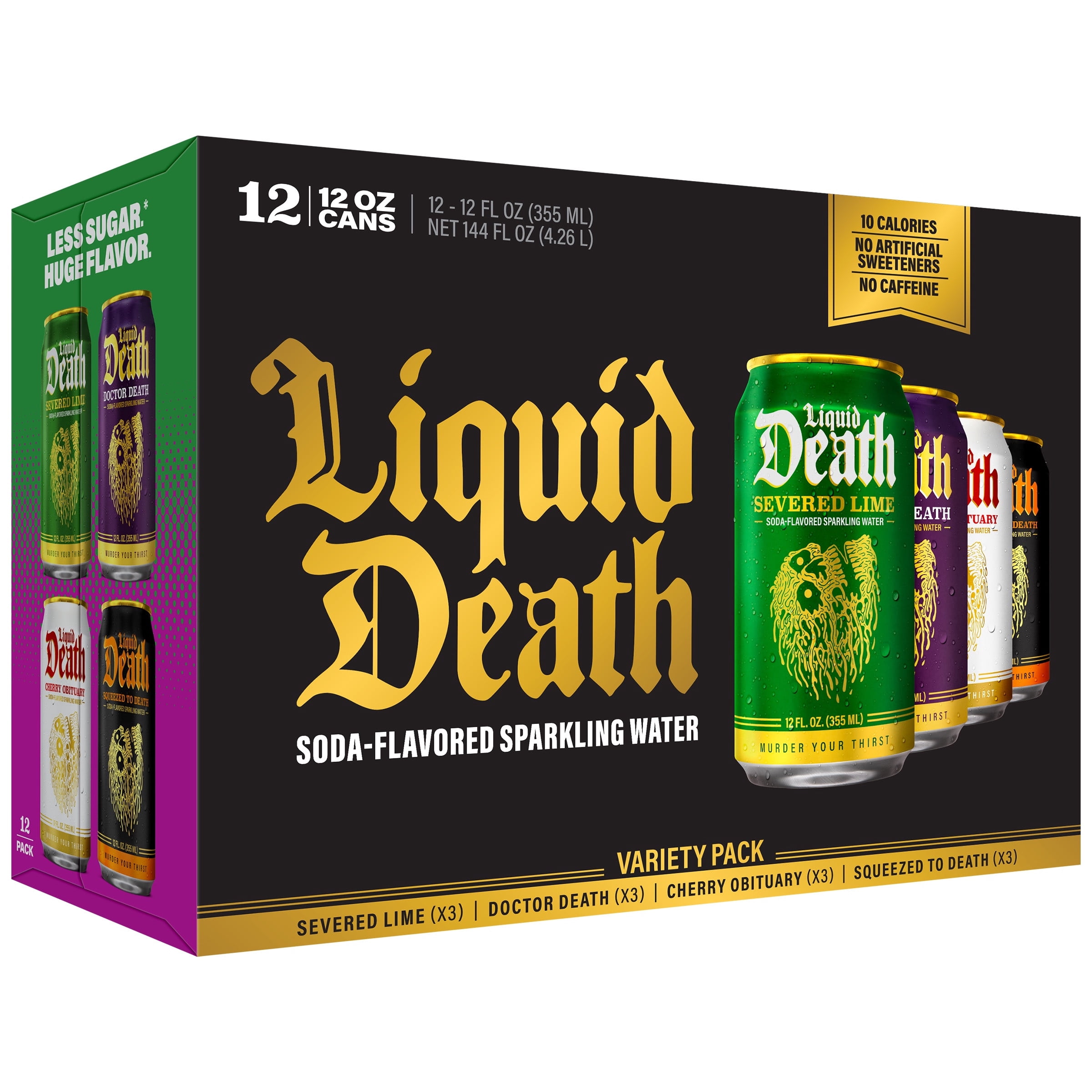 Liquid Death Variety Pack Soda Flavored Sparkling Water 12-pack (12 fl oz Cans), No Caffeine and No Artificial Sweeteners, 4 Flavors: Severed Lime, Doctor Death, Cherry Obituary, Squeezed to Death