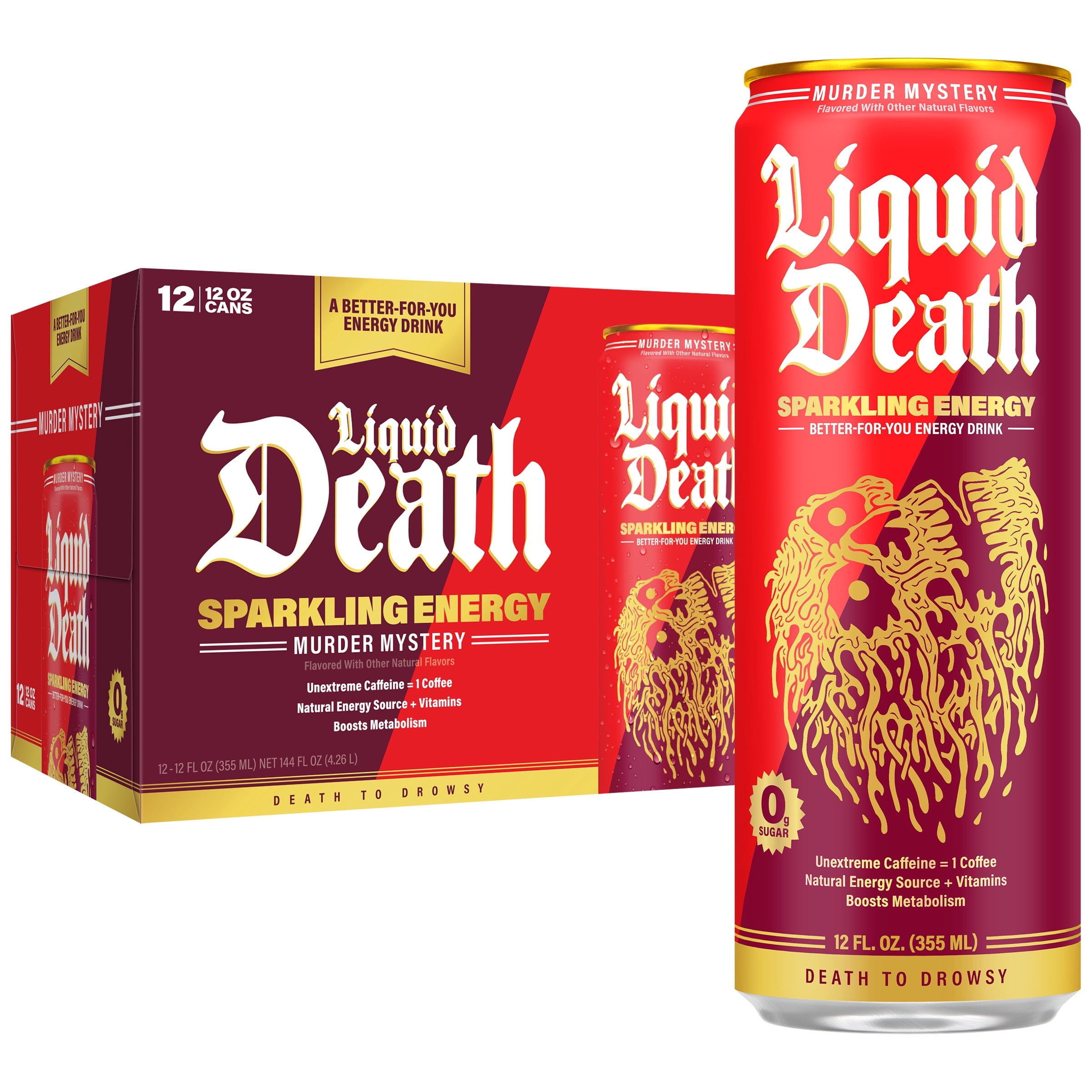 Liquid Death Sparkling Energy - Murder Mystery, Sugar-Free Energy Drink, Unextreme Caffeine 100mg, Essential Vitamins, 12 Fl Oz (Pack of 12)