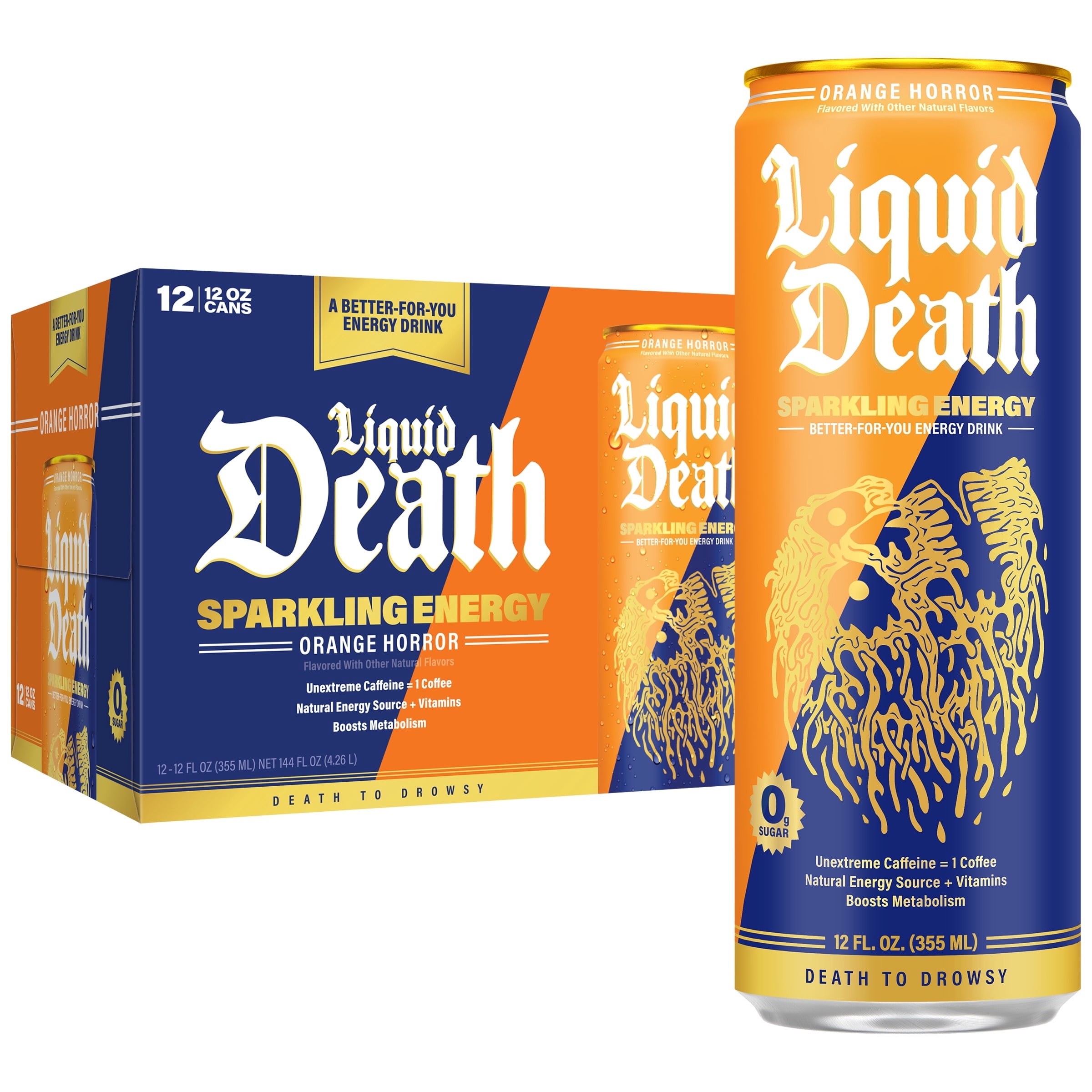 Liquid Death Sparkling Energy - Orange Horror, Sugar-Free Energy Drink, Unextreme Caffeine 100mg, Essential Vitamins, 12 Fl Oz (Pack of 12)