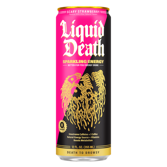 Liquid Death Sparkling Energy - Scary Strawberry, Zero Sugar Energy Drink, Unextreme Caffeine 100mg, Essential Vitamins, 12 fl oz