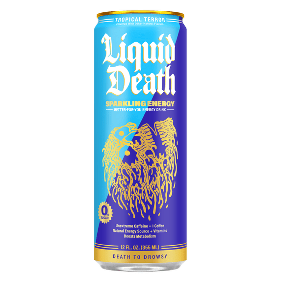Liquid Death Sparkling Energy - Tropical Terror (Classic Piña Colada), Zero Sugar Energy Drink, Unextreme Caffeine 100mg, Essential Vitamins, 12 fl oz