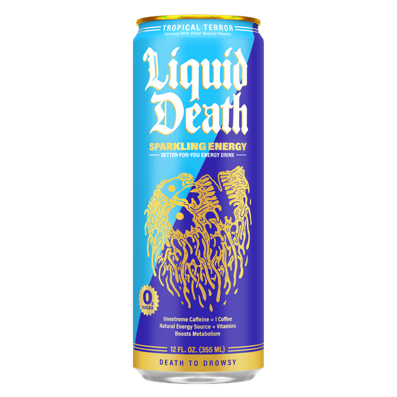 Liquid Death Sparkling Energy - Tropical Terror (Classic Pia Colada), Zero Sugar Energy Drink, Unextreme Caffeine 100mg, Essential Vitamins, 12 fl oz
