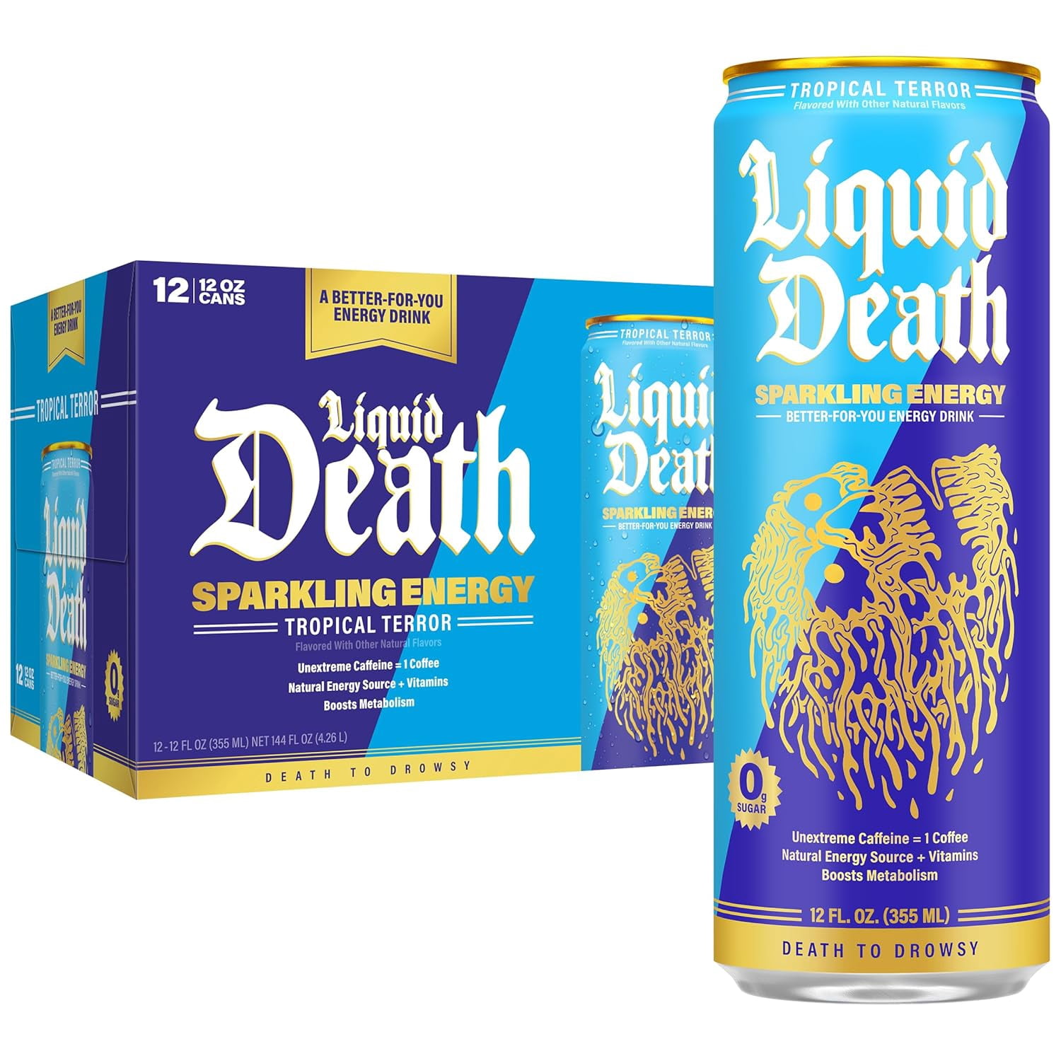 Liquid Death Sparkling Energy - Tropical Terror, Sugar-Free Energy Drink, Unextreme Caffeine 100mg, Essential Vitamins, 12 Fl Oz (Pack of 12)