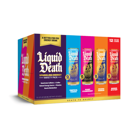 Liquid Death Sparkling Energy Variety Pack, Zero Sugar Energy Drink, Unextreme Caffeine 100mg, Essential Vitamins, 4 Flavors: Strawberry, Tropical, Orange, and Murder Mystery, 12 fl oz (Pack of 12)