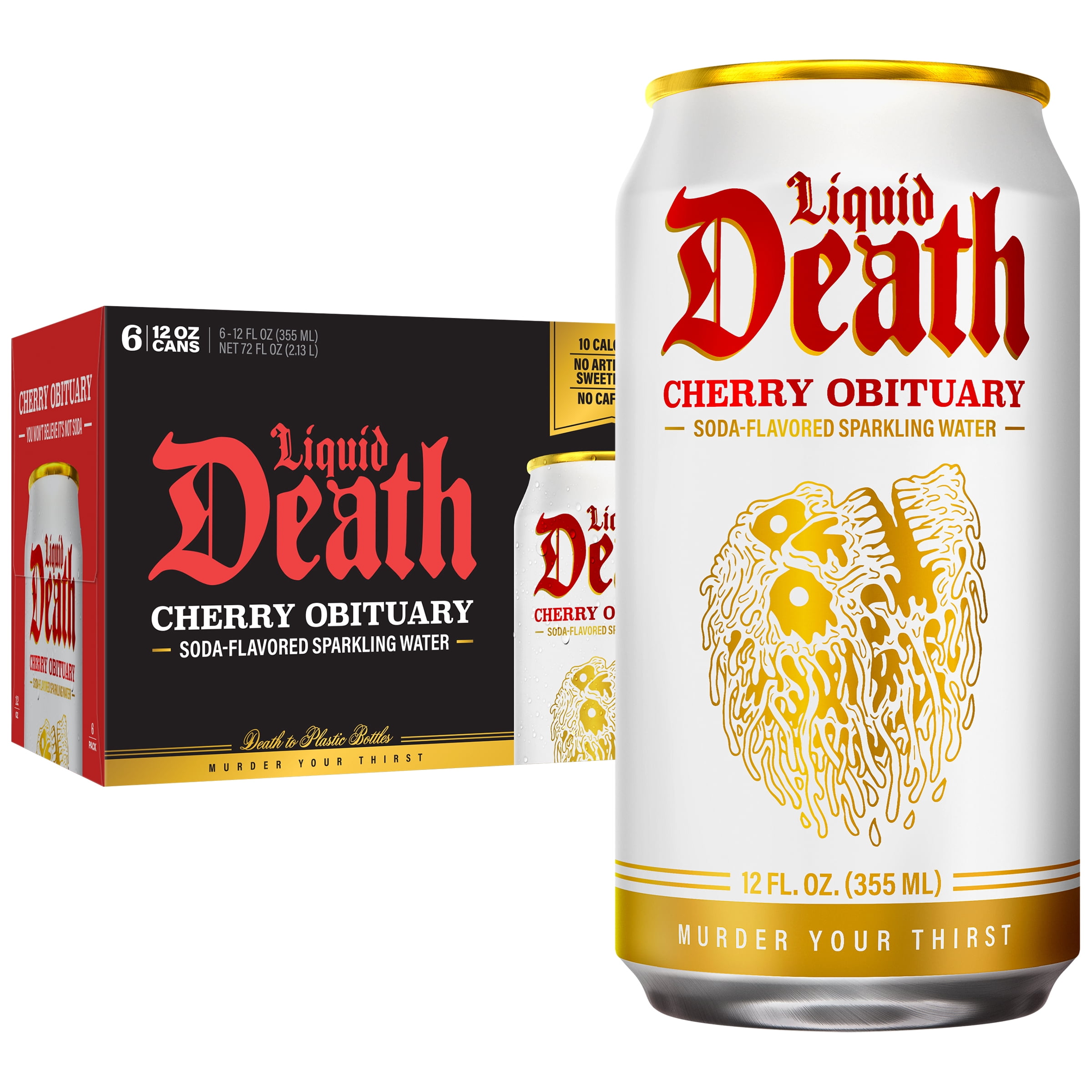 Liquid Death, Cherry Obituary, Soda-Flavored Sparkling Water, 6-Pack (12 fl oz Cans), Low Sugar, Huge Flavor and No Artificial Sweeteners