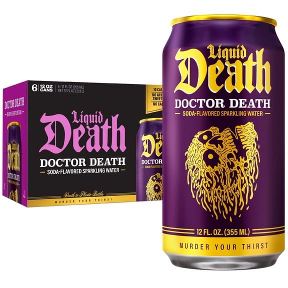 Liquid Death, Doctor Death, Soda-Flavored Sparkling Water, 6-Pack (12 fl oz Cans), Low Sugar, Huge Flavor and No Artificial Sweeteners