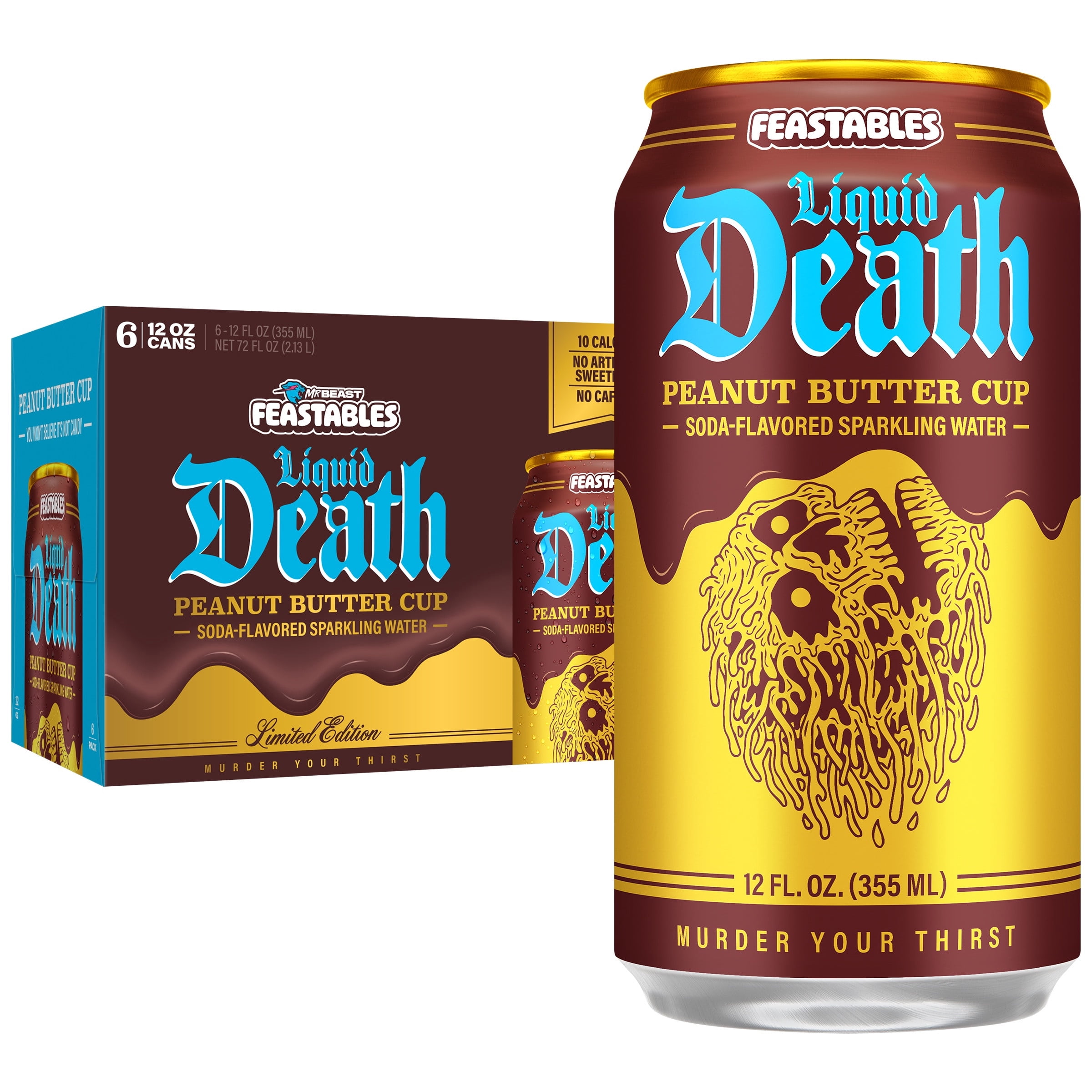 Liquid Death Sparkling Water, Feastables Peanut Butter Cup 12 fl oz. Cans (6-Pack)