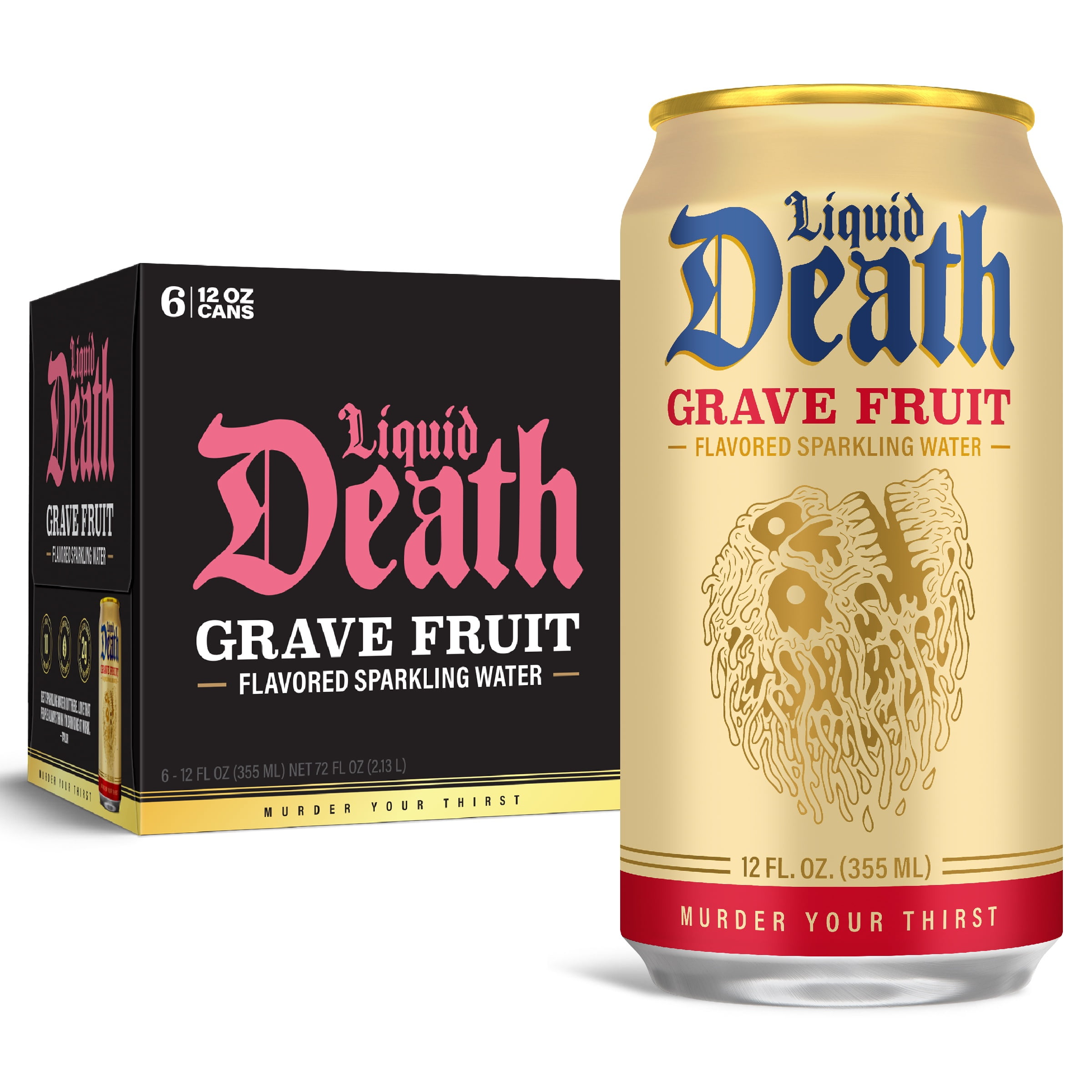 Liquid Death, Grave Fruit, Grapefruit-Flavored Sparkling Water, 6-Pack (12oz Cans), Low Calorie & No Artificial Sweeteners
