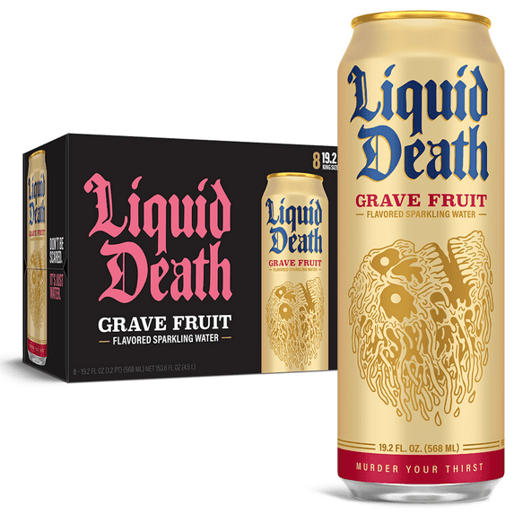Liquid Death, Grave Fruit, Grapefruit-Flavored Sparkling Water, 8-Pack (19.2oz Cans), Low Calorie & No Artificial Sweeteners