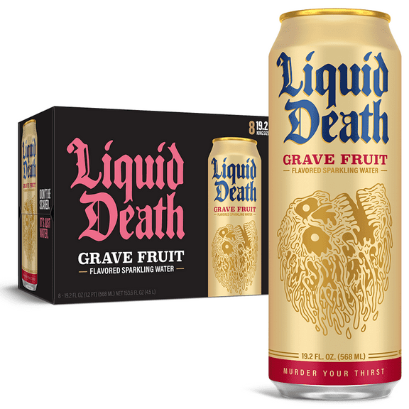 Liquid Death, Grave Fruit, Grapefruit-Flavored Sparkling Water, 8-Pack (19.2oz Cans), Low Calorie & No Artificial Sweeteners