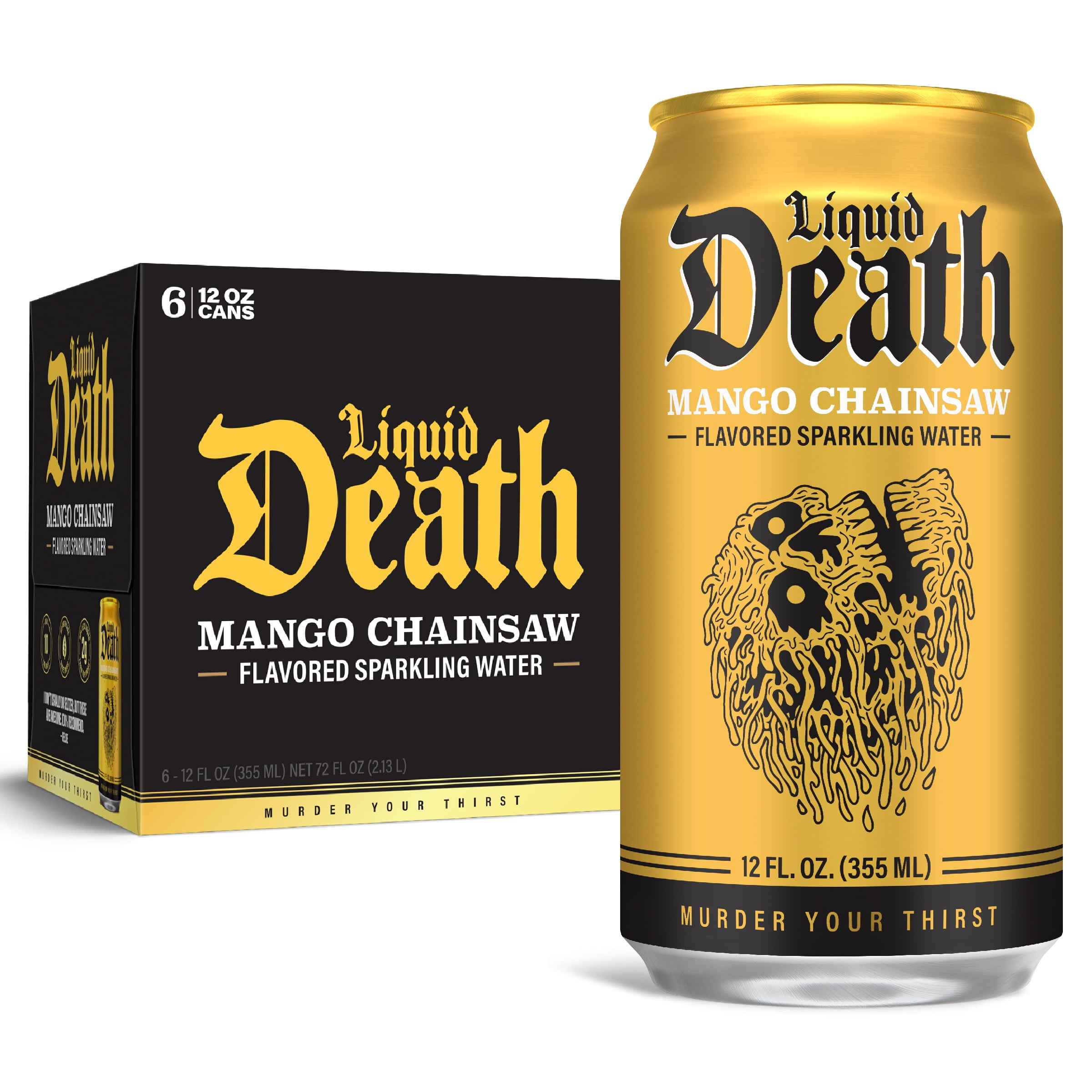 Liquid Death, Mango Chainsaw, Mango-Flavored Sparkling Water, 6-Pack (12oz Cans), Low Calorie & No Artificial Sweeteners