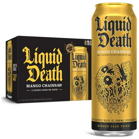 Liquid Death, Mango Chainsaw, Mango-Flavored Sparkling Water, 8-Pack (19.2oz Cans), Low Calorie & No Artificial Sweeteners