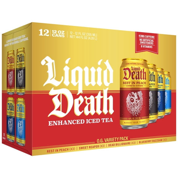 Liquid Death Variety Pack Iced Tea 12-pack (12 fl oz Cans), 4 Flavors: Dead Billionaire, Rest in Peach, Sweet Reaper, Blueberry Buzzsaw