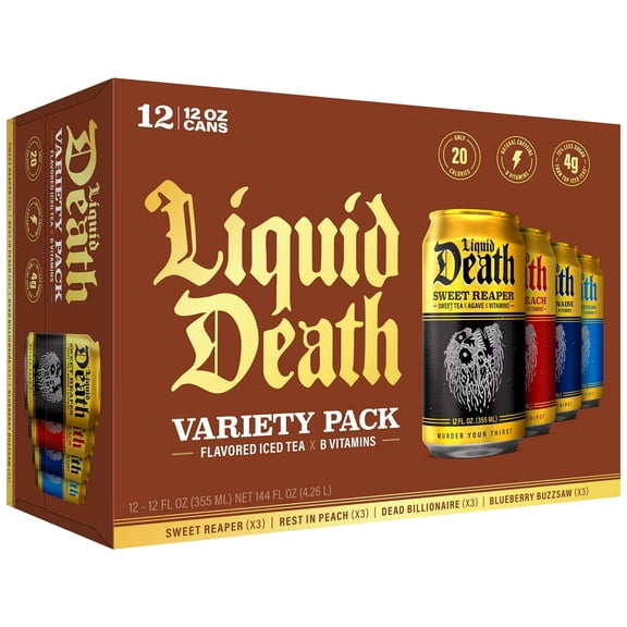 Liquid Death Variety Pack Iced Tea 12-pack (12 fl oz Cans), 4 Flavors: Dead Billionaire, Rest in Peach, Sweet Reaper, Blueberry Buzzsaw