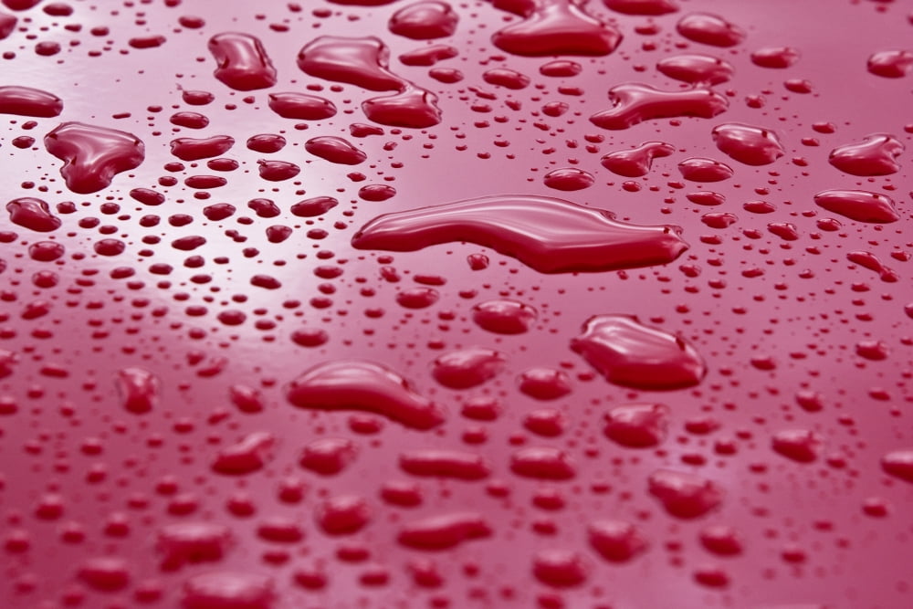 Liquid Drops On Red Surface Canvas Art - Richard Wear Design Pics (34 x 22)