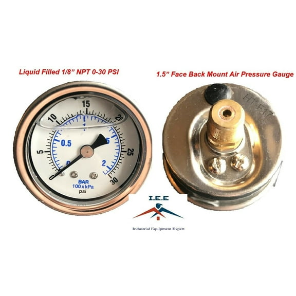 Liquid Filled 1.5" Face 0-30 PSI Air Pressure Gauge Back Mount 1/8" NPT