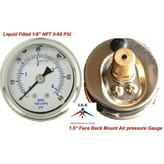 Liquid Filled 1.5" Face 0-60 PSI Air Pressure Gauge Back Mount 1/8" NPT