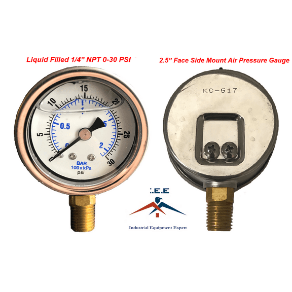 Liquid Filled 2.5" Face 0-30 PSI Air Pressure Gauge Side Mount 1/4" NPT