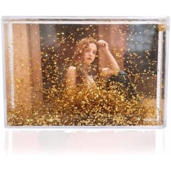 Liquid Floating Water Golden Glitter Photo Frame with Glitter Liquid for Cute Family Couple Gift (5X7Inch) Golden