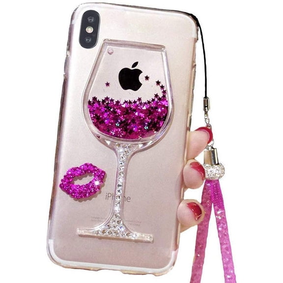 Liquid Glitter Case Compatible for iPhone XR 6.1 Inch (2018), Cute Goblet Wine Glass Quicksand Flowing Floating Bling Sexy Makeup Case for Girls with Neck Lanyard (Silver, iPhone XR)