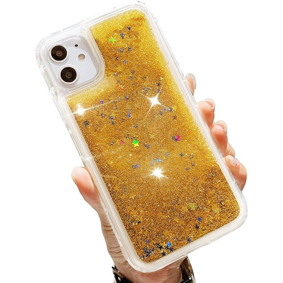 Liquid Glitter Case Compatible with iPhone XR, Hard Back Colorful Bling Quicksand Phone Case (Gold & Stars, iPhone XR)