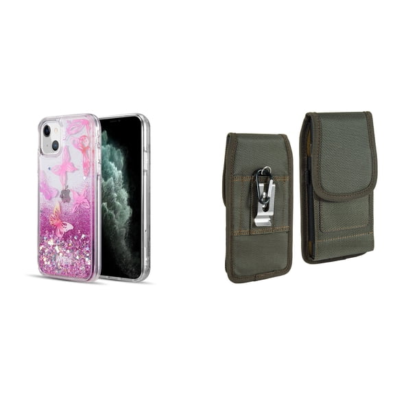 Liquid Glitter Case for iPhone 14 Plus and Belt Holster Pouch (Pink Butterfly/Green)
