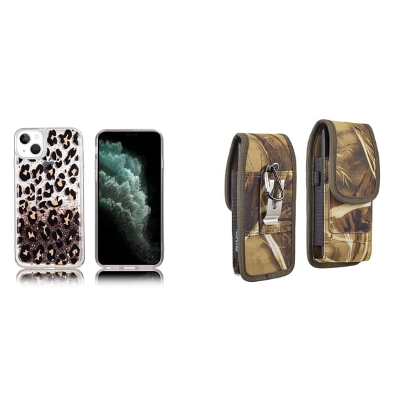 Liquid Glitter Case for iPhone 14 and Belt Holster Pouch (Leopard/Camo)