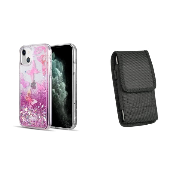 Liquid Glitter Case for iPhone 14 and Belt Holster Pouch - Pink Butterfly
