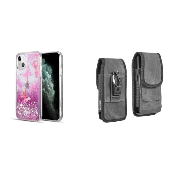 Liquid Glitter Case for iPhone 14 and Belt Holster Pouch - Pink Butterfly