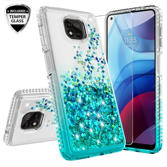 Liquid Glitter Phone Case for Motorola Moto G Play 2021 Case Cover with [Tempered Glass Screen Protector] Shock Proof for Girls Women - Aqua/Clear
