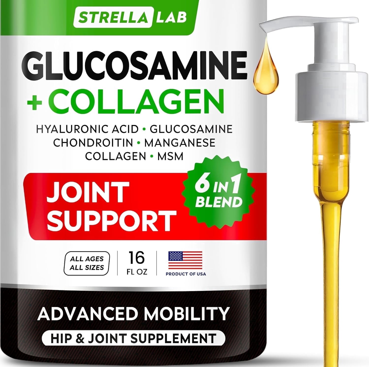 Liquid Glucosamine for Dogs (16 oz) - Joint Supplement w/Chondroitin, MSM, Collagen - Advanced Mobility Formula - Joint Pain Relief - Hip & Joint Care - Easy to Serve Drops - Made in USA