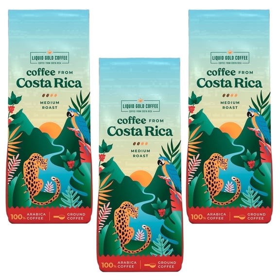 Liquid Gold 3 Pack Coffee from Costa Rica, Medium Roast Ground, 12oz each (340 grams), Fair Trade, Single Source Specialty Coffee, 100% Arabica Beans, Small Batch Roasted in USA