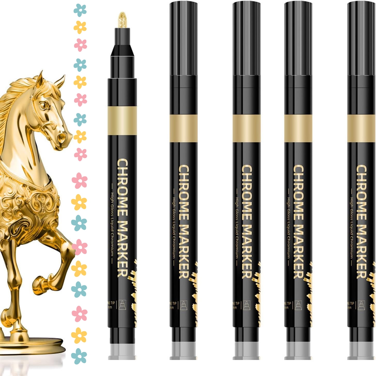 Liquid Gold Chrome Pen, Liquid Gold Chrome Markers, Supper Golden Metallic Paint Pens, Liquids Chromes Golds Paint Pen, For Repairing Ceramic, Plastic, Metal, Glass, And Art Craft Model Cars (5PC)