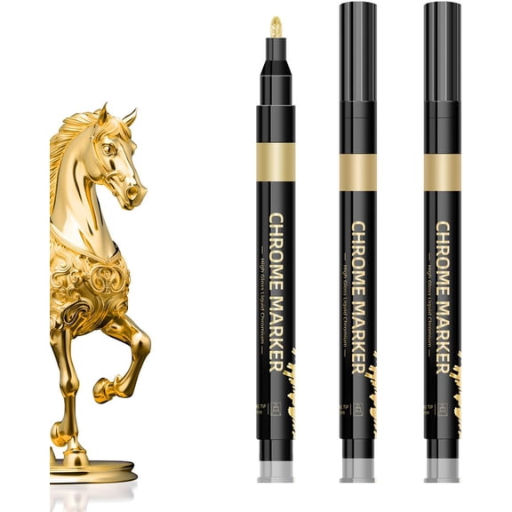 Liquid Gold Chrome Pen Markers, Super Golden Metallic Paint Pens for Repairing Ceramic Plastic Metal Glass Crafts, 3 Piece Set