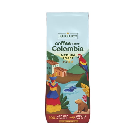 Coffee from Colombia Medium Roast ,12 oz Ground Coffee, by Liquid Gold, Local Colombian Farm-Sourced Excelso, European Preparation Standard (EPS), Fresh Small Batch Roasted in USA