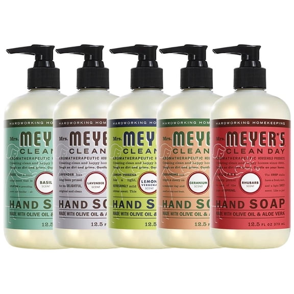 Liquid Hand Soap, Cruelty Free and Biodegradable Formula, 1 Pack Basil, 1 Pack Lavender, 1 Pack Lemon Verbena, 1 Pack Geranium, 1 Pack Rhubarb, 12.5 OZ each