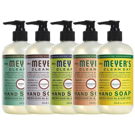 Liquid Hand Soap, Cruelty Free and Biodegradable Formula, 1 Pack Basil, 1 Pack Lavender, 1 Pack Lemon Verbena, 1 Pack Geranium, 1 Pack Honey Suckle, 12.5 OZ each