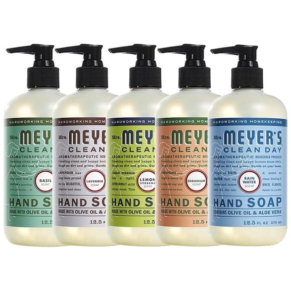 Liquid Hand Soap, Cruelty Free and Biodegradable Formula, 1 Pack Basil, 1 Pack Lavender, 1 Pack Lemon Verbena, 1 Pack Geranium, 1 Pack Rain Water, 12.5 OZ each