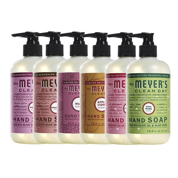 Liquid Hand Soap, Cruelty Free and Biodegradable Formula, 1 Pack Peony, 1 Pack Rosemary, 1 Pack Mum, 1 Pack Apple Cider, 1 Pack Peppermint,  1 Pack Iowa Pine, 12.5 OZ each