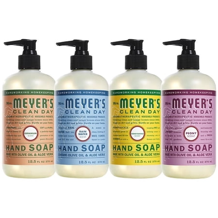 Liquid Hand Soap, Cruelty Free and Biodegradable Formula, 1 Pack Geranium, 1 Pack Rain Water, 1 Pack Honey Suckle, 1 Pack Peony, 12.5 OZ each