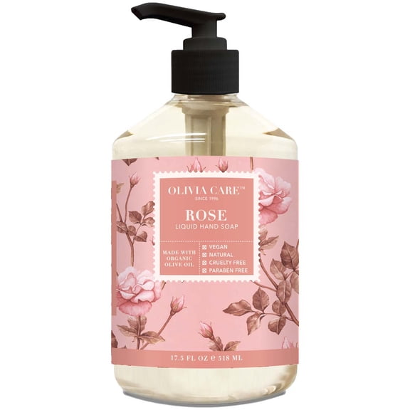 Liquid Hand Soap By Olivia Care. Rose & Essential Oils. All Natural - Cleansing, Germ-Fighting, Moisturizing Hand Wash for Kitchen & Bathroom - Gentle, Mild & Natural Scented - 18.5 OZ