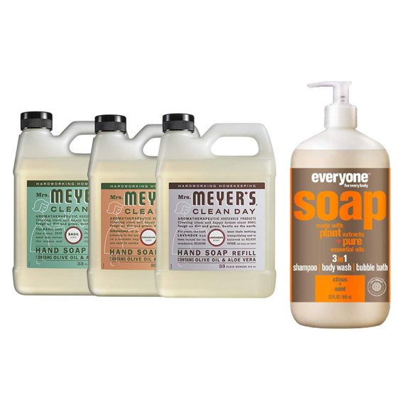 Liquid Hand Soap Refill, 1 Pack Basil, 1 Pack Geranium, 1 Pack Lavender, 33 OZ each include 1, 32 OZ Bottle of Bath & Shower Gel Soap, Citrus/Mint