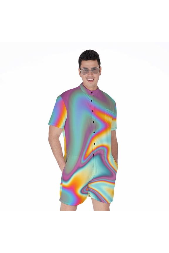 Liquid Holographic Trippy Short Sleeve Men'S Rompers Casual Summer Jumpsuits Outfit