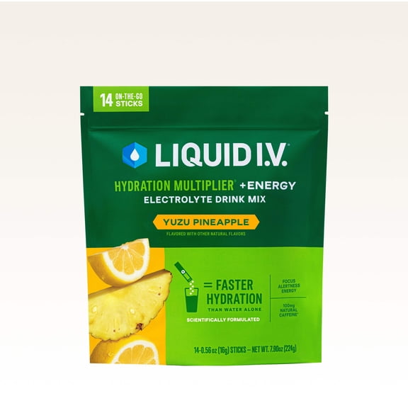 Liquid I.V. Yuzu Pineapple Hydration Multiplier +Energy Powdered Electrolyte Drink Mix, 14 Count Packets