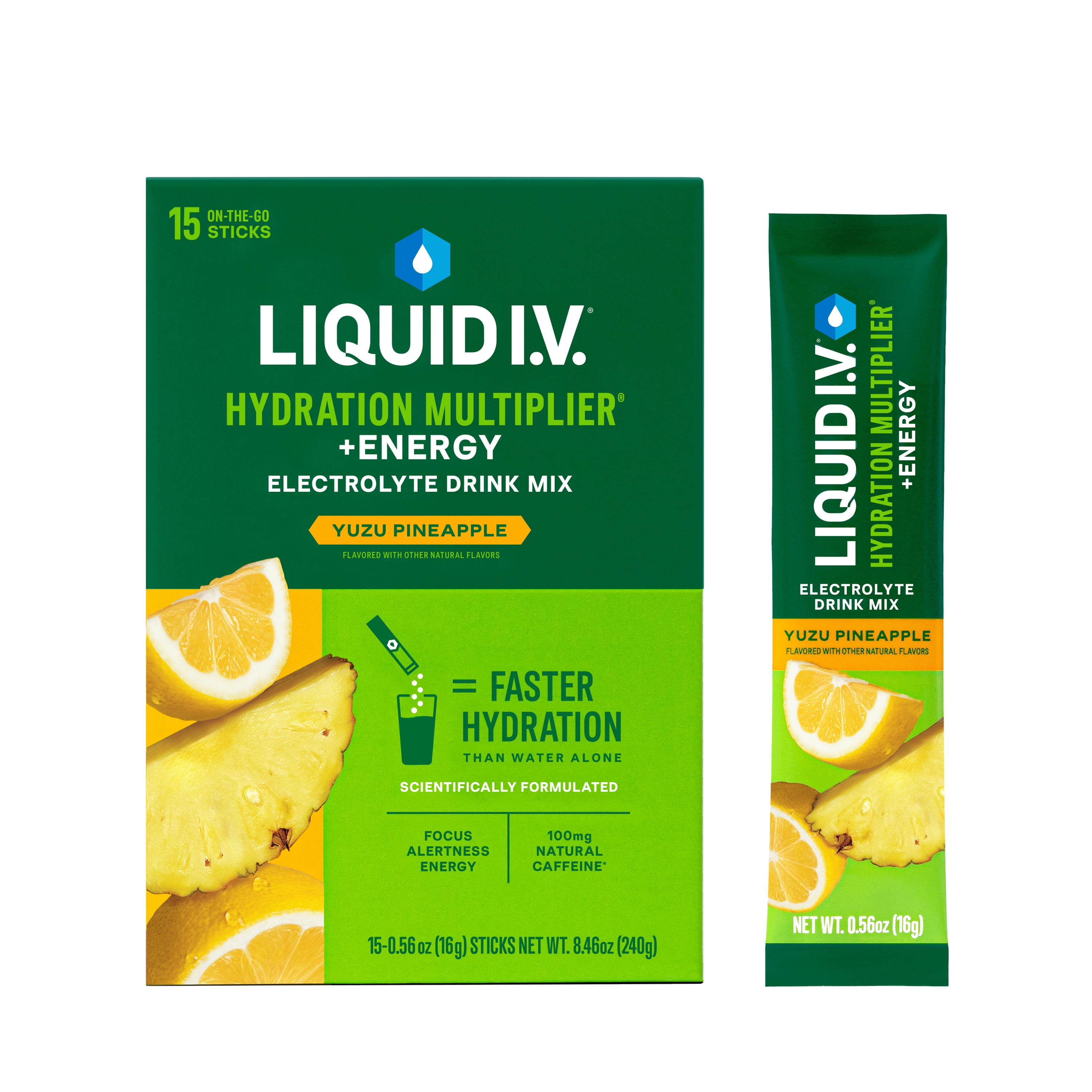 Liquid I.V. Yuzu Pineapple Hydration Multiplier +Energy Powdered Electrolyte Drink Mix, 15 Count Packets